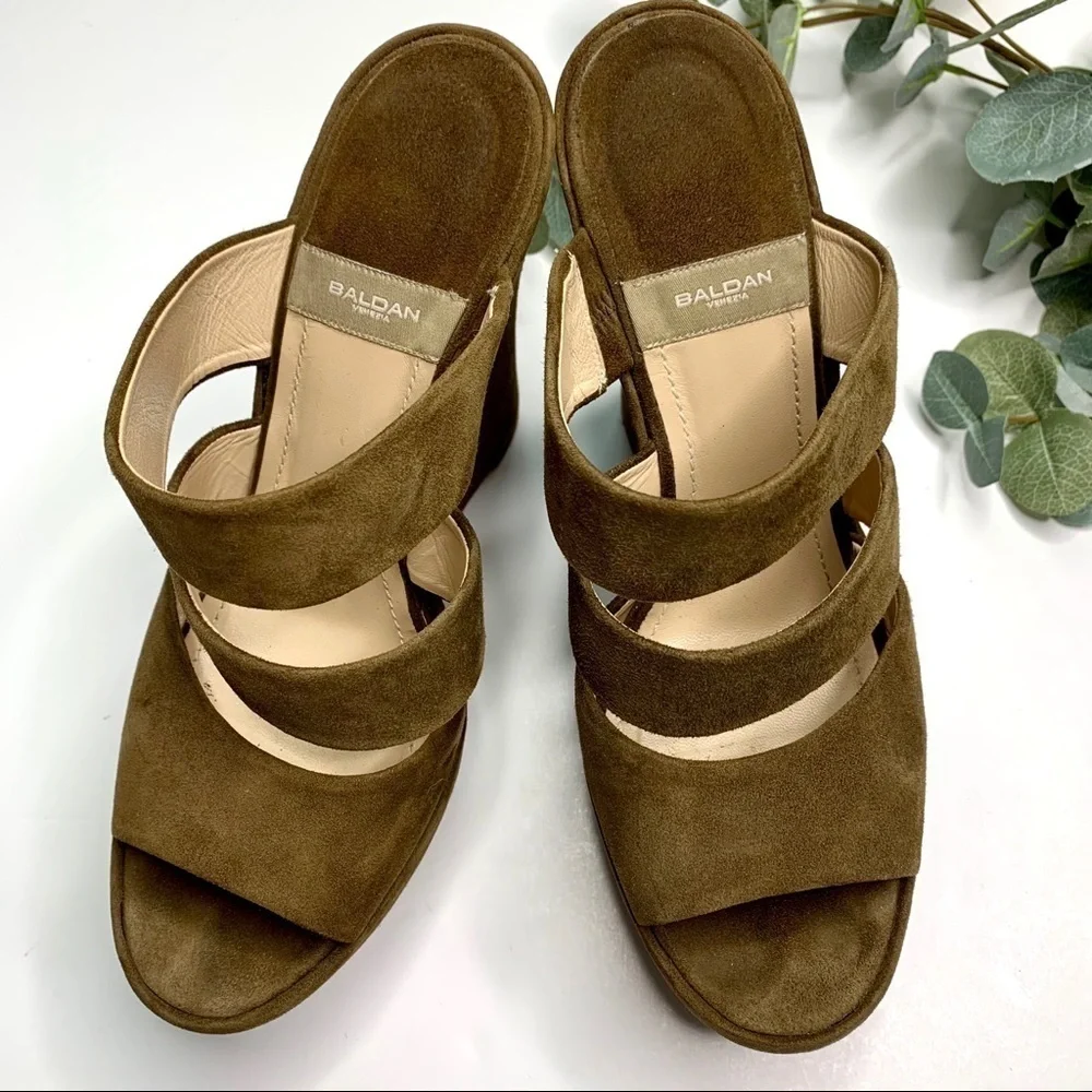 Baldan Tan Brown Suede Platform Wedge Sandals Slide On Mule Designer